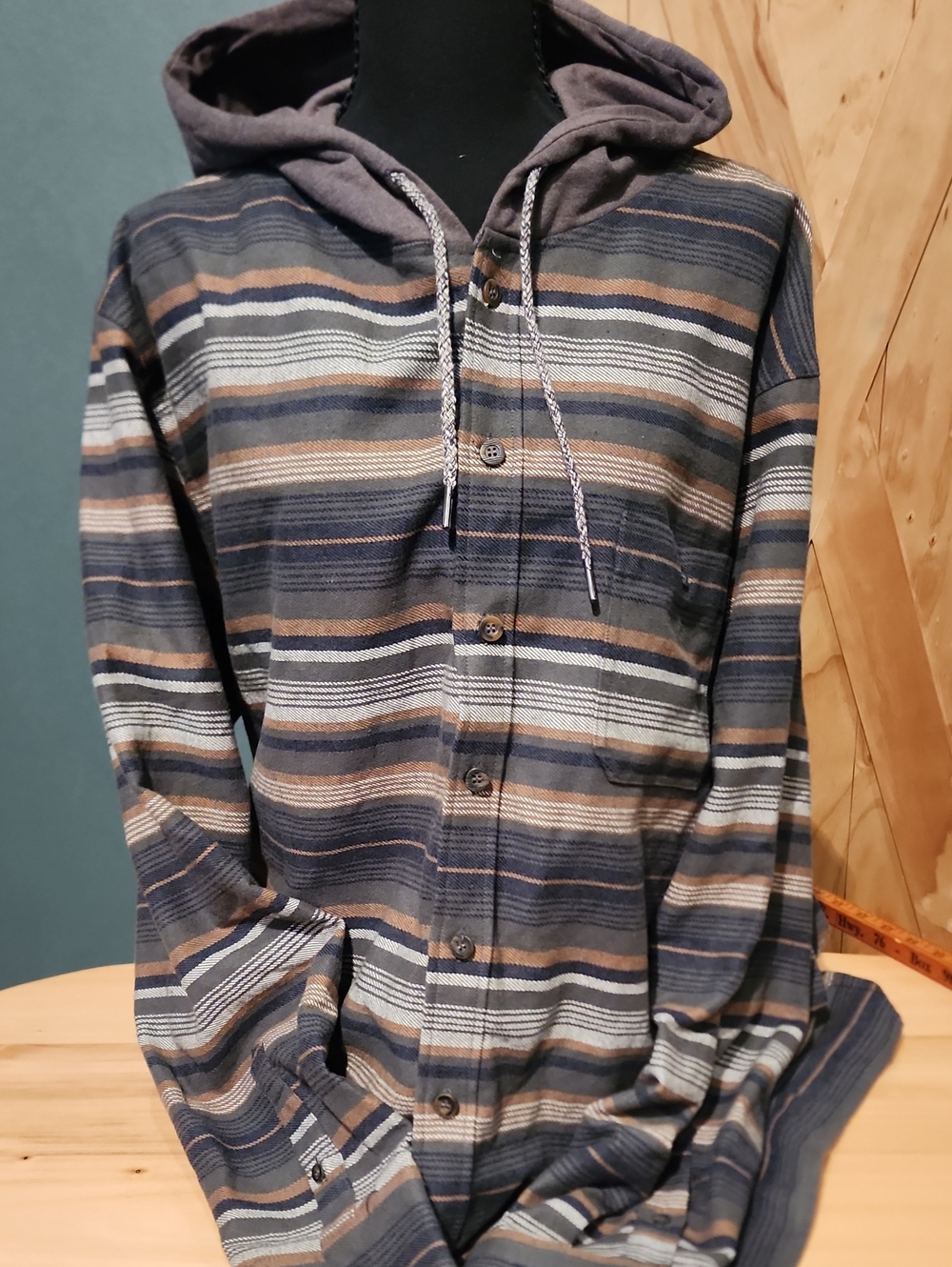 Men's Striped Hooded Button-Up Jacket - Navy & Brown
